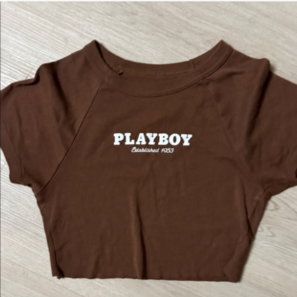 Playboy by Pacsun Brown Raglan Crop Top Baby Tee T-shirt - Picture 2 of 6